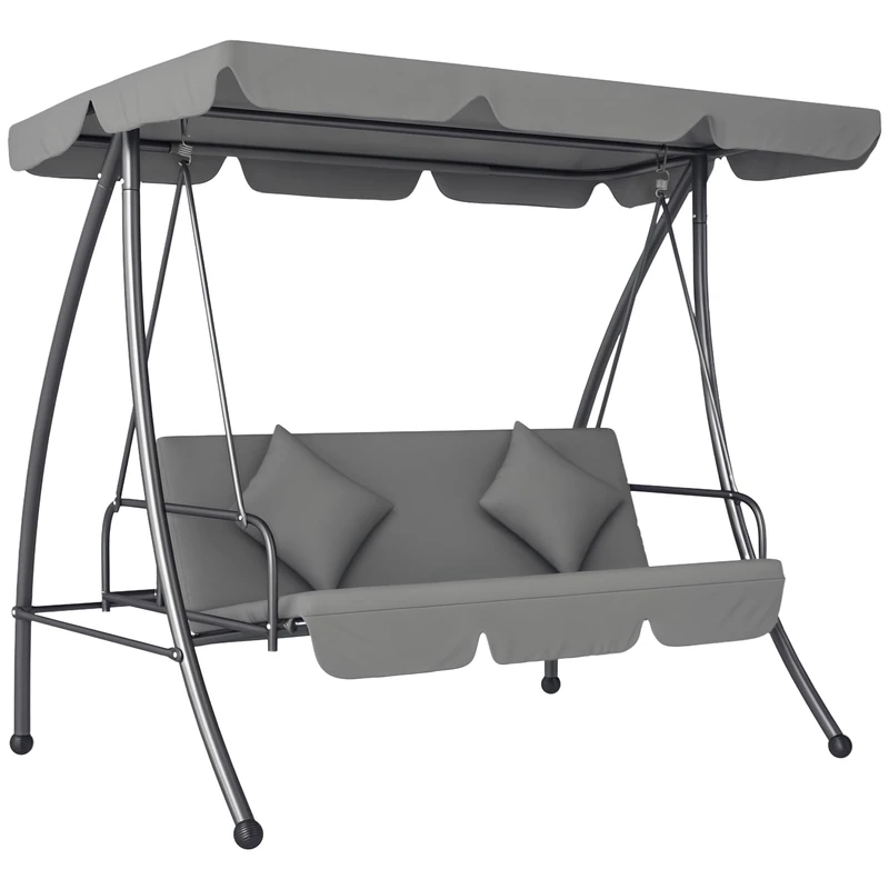 Outsunny Outdoor 2-in-1 Swing Chair Lounger 3 Seater Garden Swing Seat Bed Hammock Bed Convertible Tilt Canopy W/Cushion, Light Grey