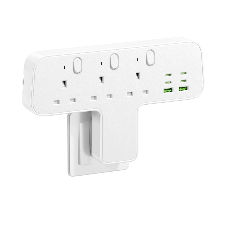 Banaplo Plug Extension Socket, 9-IN-1 Multi Plug Adaptor 3 Way 6 USB(3.8A,4 Type-C), 13A 3250W Plug Adapter UK, Wall Plug Extender with Individual Switches for Home Office Kitchen(White)