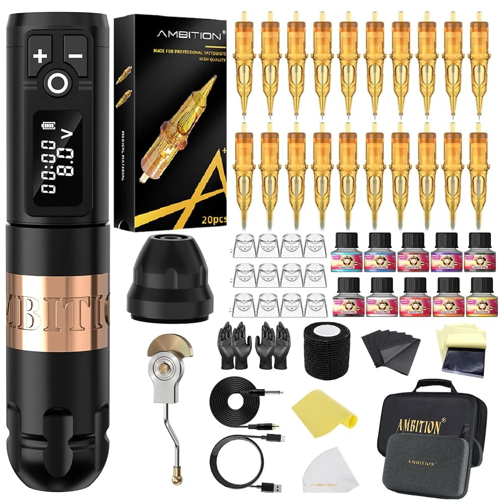 Ambition Soldier Tattoo Kit, Cordless Complete Tattoo Gun Kit Pen Machine with 2400 mAh Battery 20pcs Cartridge Needles Set for Artists