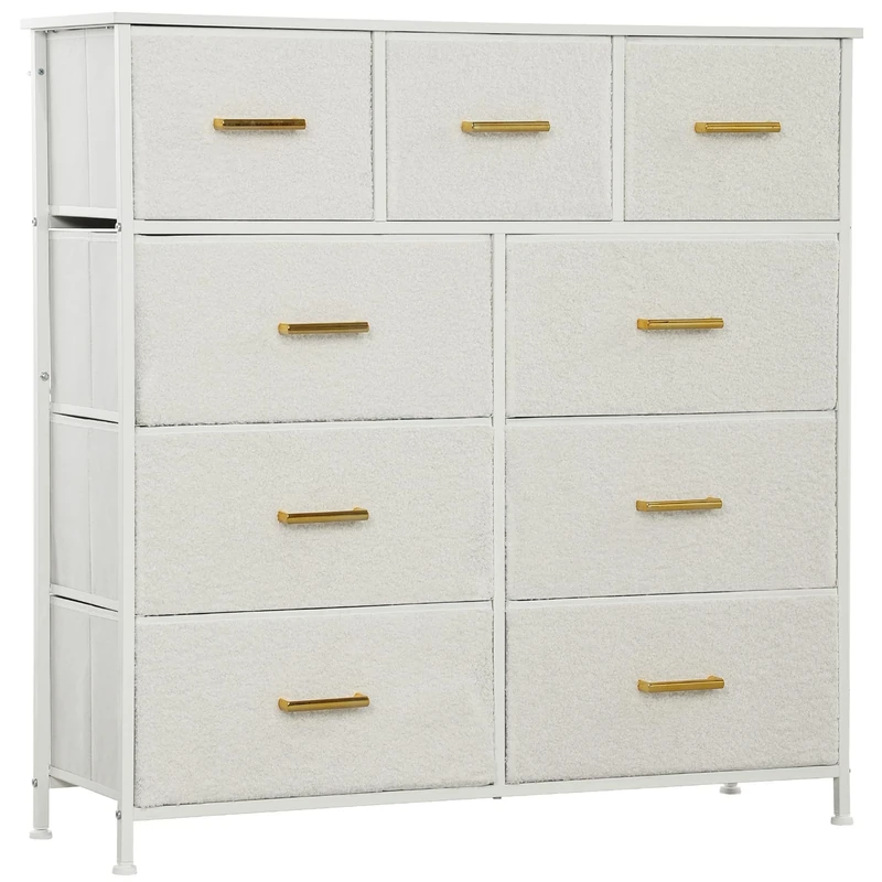 HOMCOM Chest of Drawers with 9 Fabric Drawers, Boucle Storage Organiser with Steel Frame, Fabric Dresser for Bedroom, Living Room, Hallway, Cream White