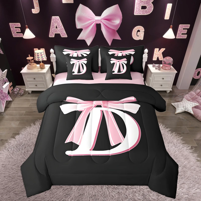 jejeloiu Kids Girls Black Pink Bow Comforter Set with Sheets Twin Size Monogrammed 7 Piece Bedding Set Personalized Initial D Bed in a Bag with Comforter, Sheets,Pillowcases Modern Fashion Bed Set