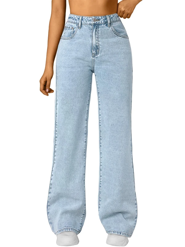 Trendy Queen Jeans for Women Wide Straight Leg High Waisted Stretchy Baggy Jeans Fashion Loose Denim Pants Fall 2025, Snowblue, 10