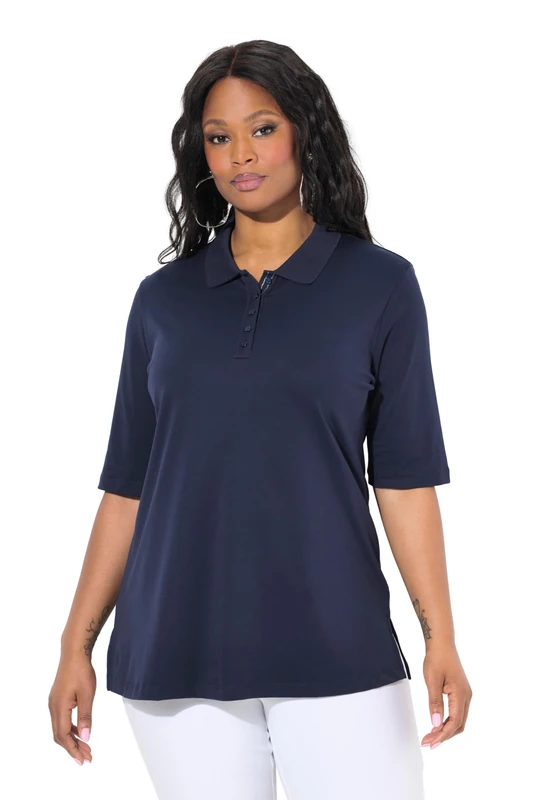 Ulla Popken Womenswear Plus Size Curvy Pima Cotton Polo Shirt Dark Marine 54+ 820757120-54+