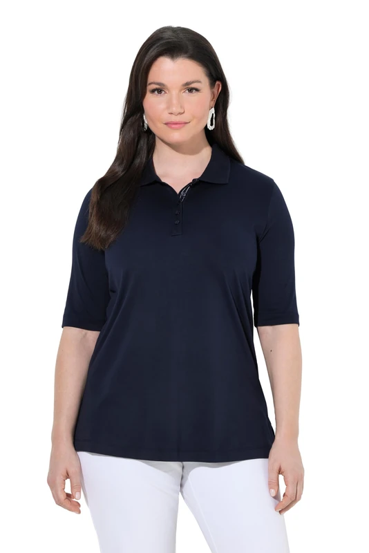 Ulla Popken Womenswear Plus Size Curvy Pima Cotton Polo Shirt Dark Marine 46+ 820757120-46+