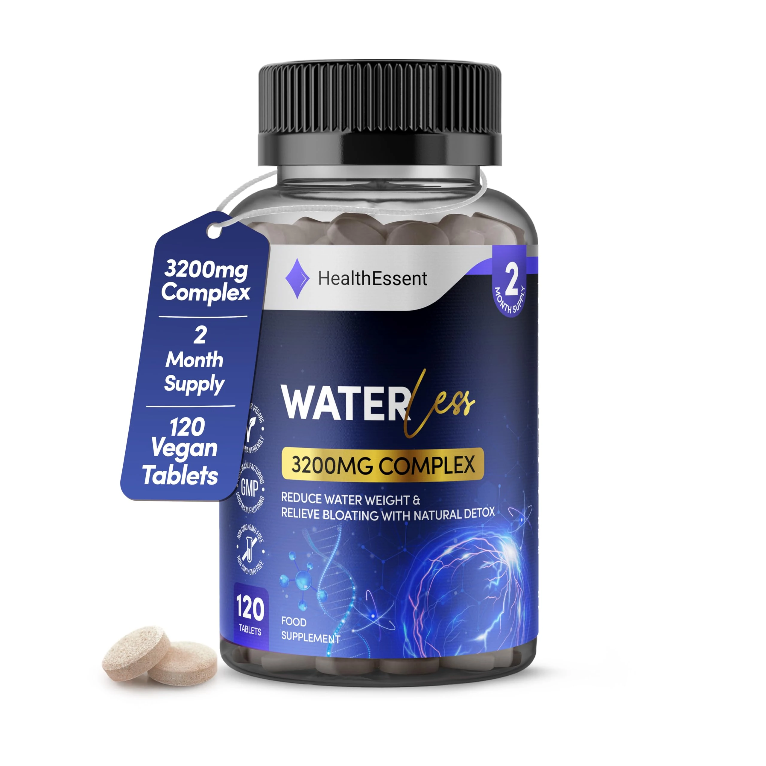WaterLess 3200mg - Water Retention Tablets for Women & Men - Relieve Bloating and Digestion with Natural Detox - High Strength Dandelion Root - 120 Vegan Tablets by HealthEssent