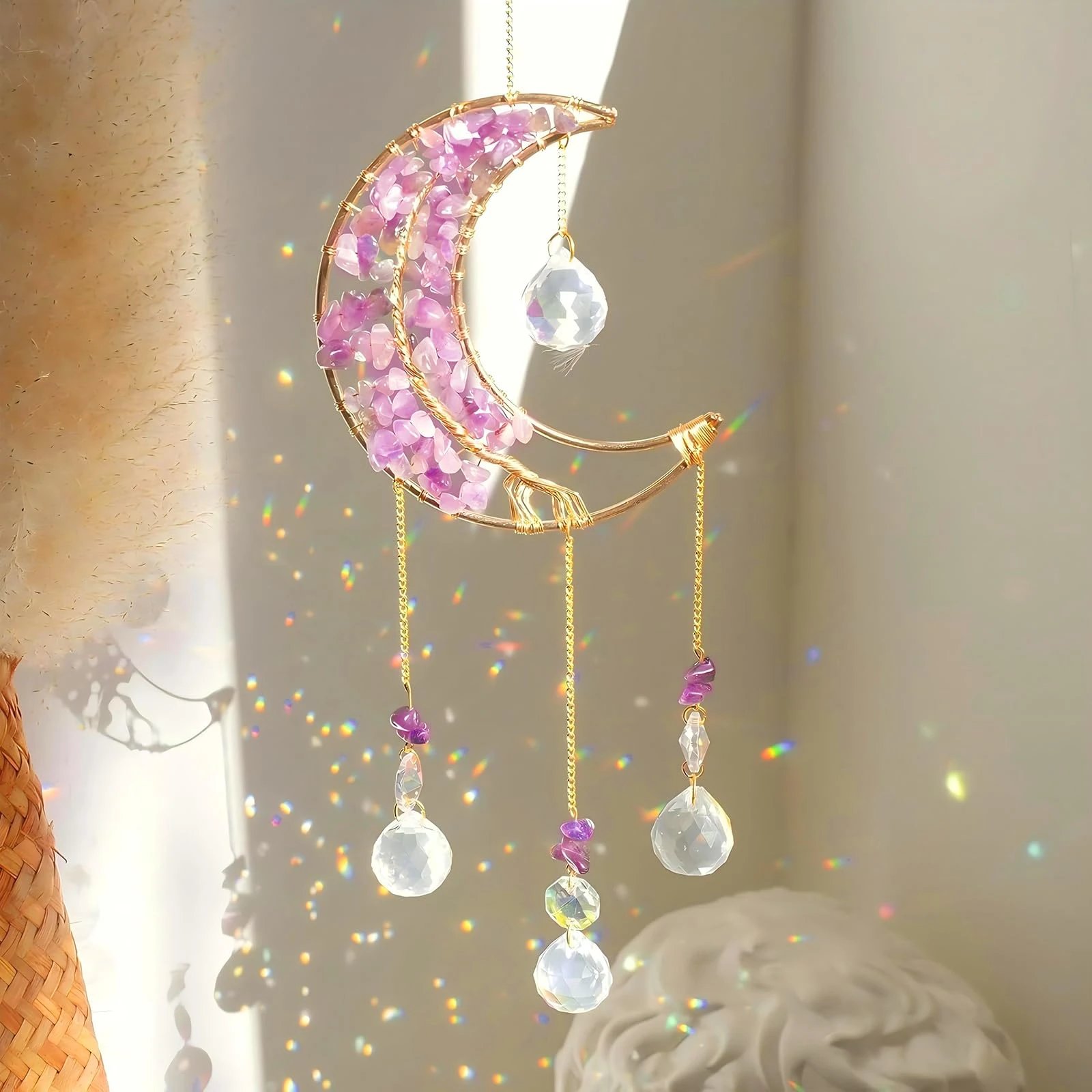 Luzoybo Crystal Moon Suncacher-Sun Catchers Indoor Window Prism Moon Crystal Dream Catcher Natural Healing Stones Rainbow Maker Garden Car Decoration Outdoor(Amethys)