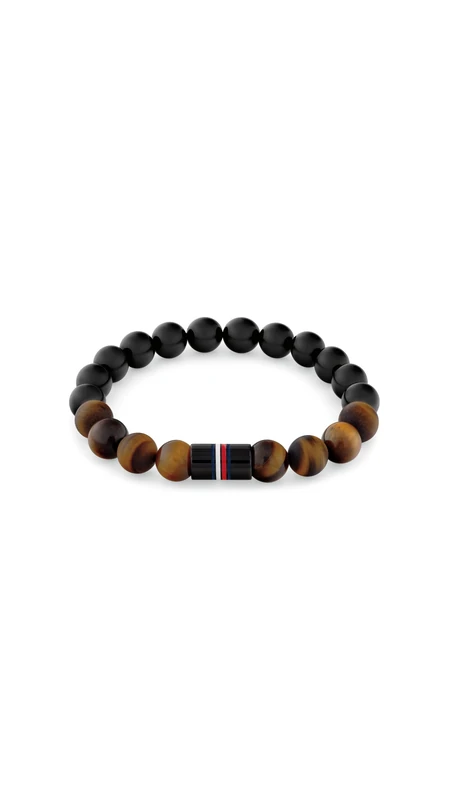 Tommy Hilfiger Jewelry Men's Beaded Bracelet with Black Onyx, Tiger's Eye and Dark Wood Beads - 2790631