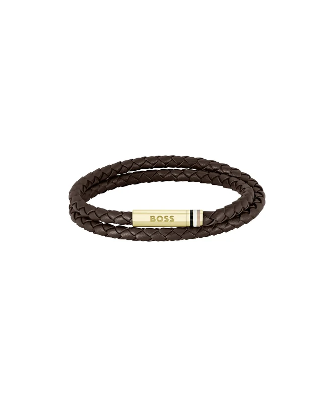 BOSS Jewelry Men's ARES Collection Bracelet with Double-Wrap Braided Brown Leather - 1580670M