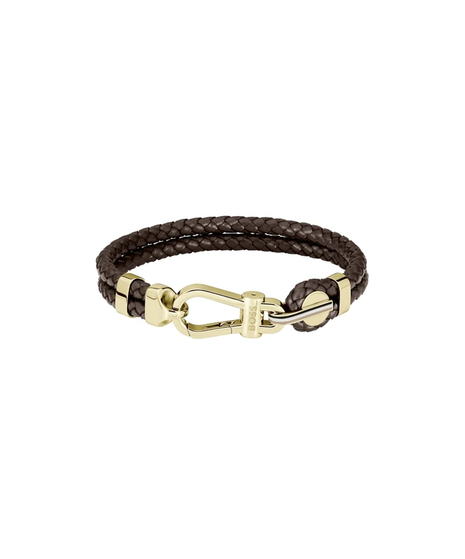 BOSS Jewelry Men's ARES PRIME Collection Bracelet with Brown Leather and Gold Stainless Steel Closure - 1580700M
