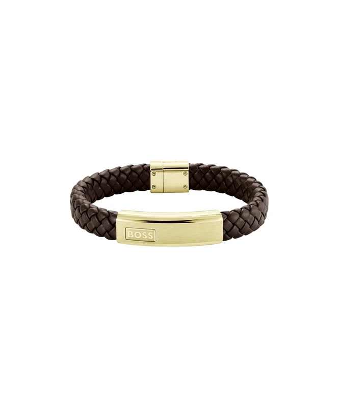 BOSS Jewelry Men's LANDER Collection Bracelet with Brown Leather and Gold Stainless Steel Closure - 1580746M