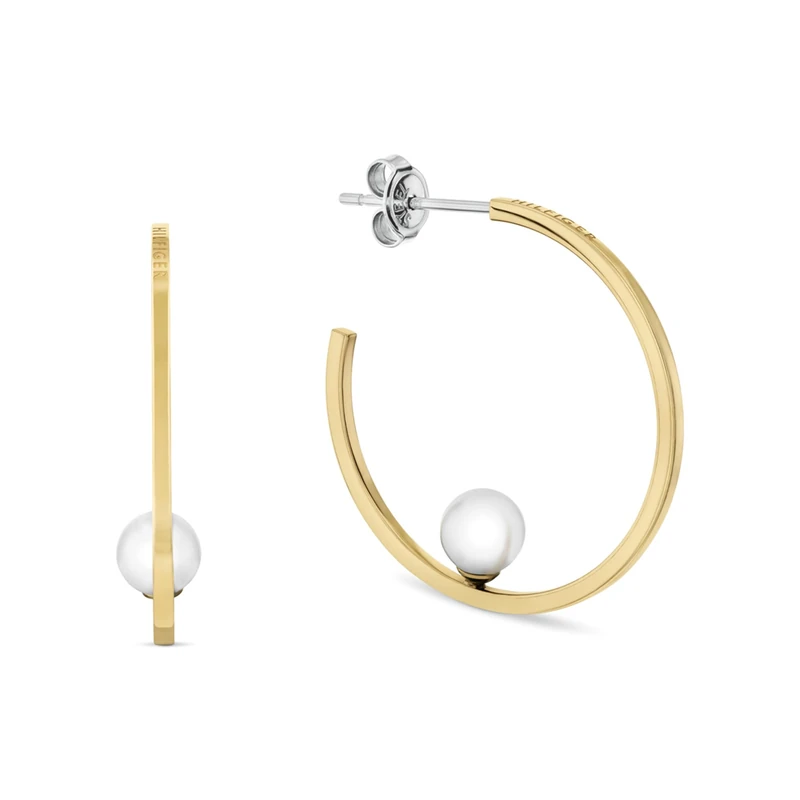 Tommy Hilfiger Jewelry Women's Yellow Gold Hoop Earrings with Glass Pearls - 2780964