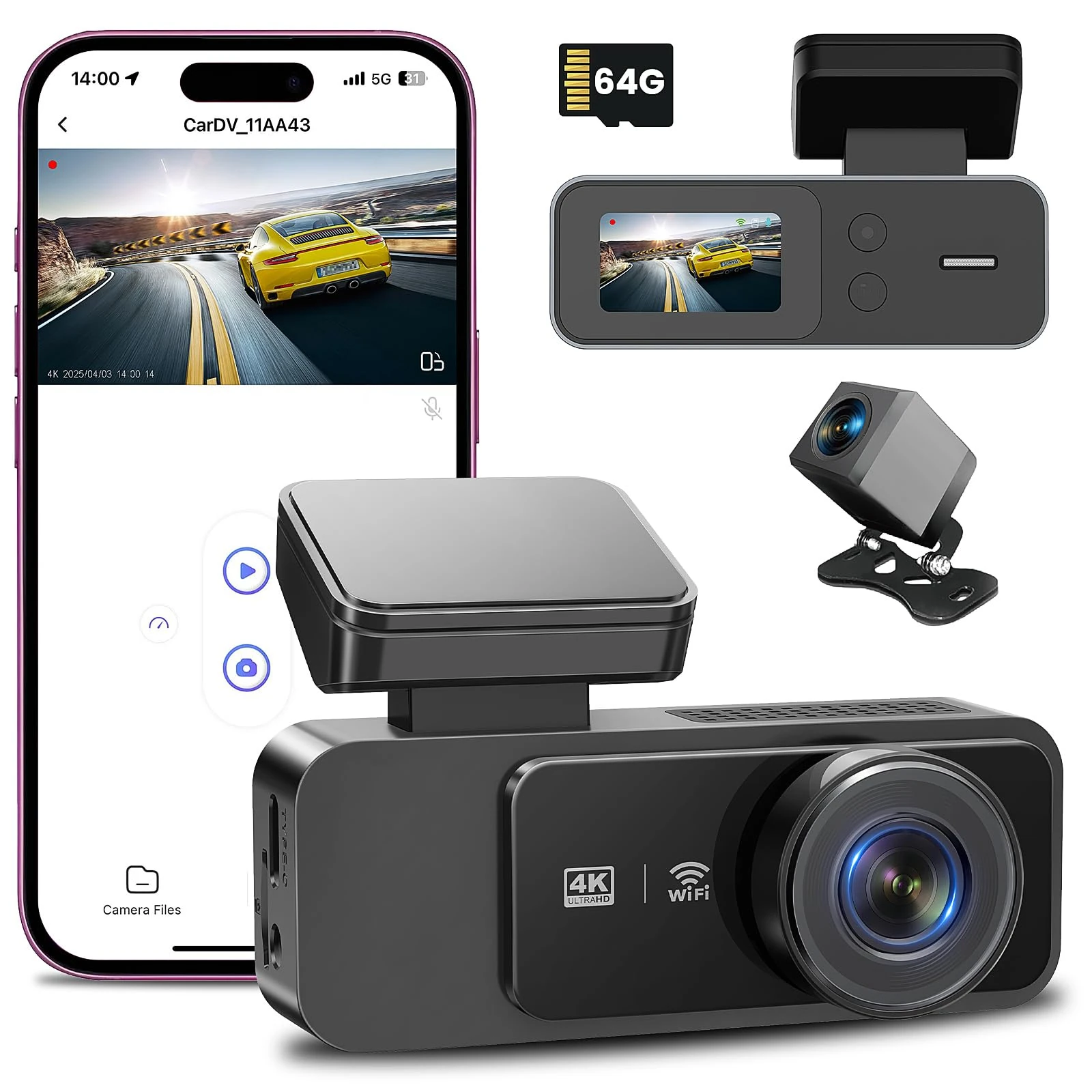 Dash Cam Front and Rear 4K+1080P, UHD Built-in WiFi DashCam with 64GB SD Card Inserted, 170°+140° Wider Angle Dash Camera for Cars, Super Night Vision, 24H Parking Mode, G-Sensor, Loop Recording, WDR