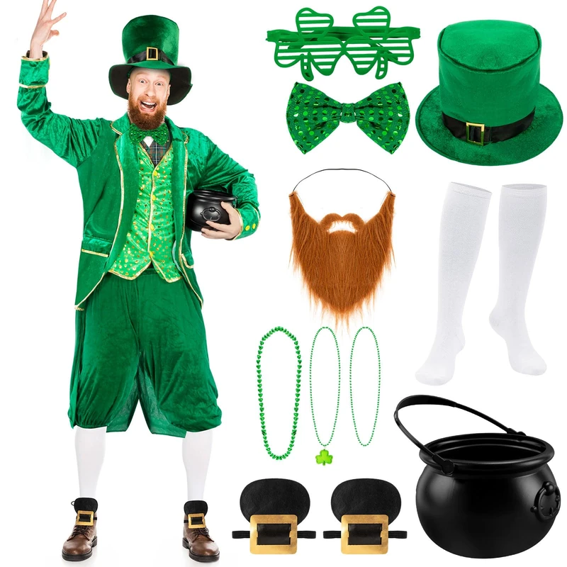 Capoda 12 Pcs St Patrick's Day Leprechaun Costume Men's Leprechaun Suit Irish Shamrock Accessories for Adult (S,Classic)