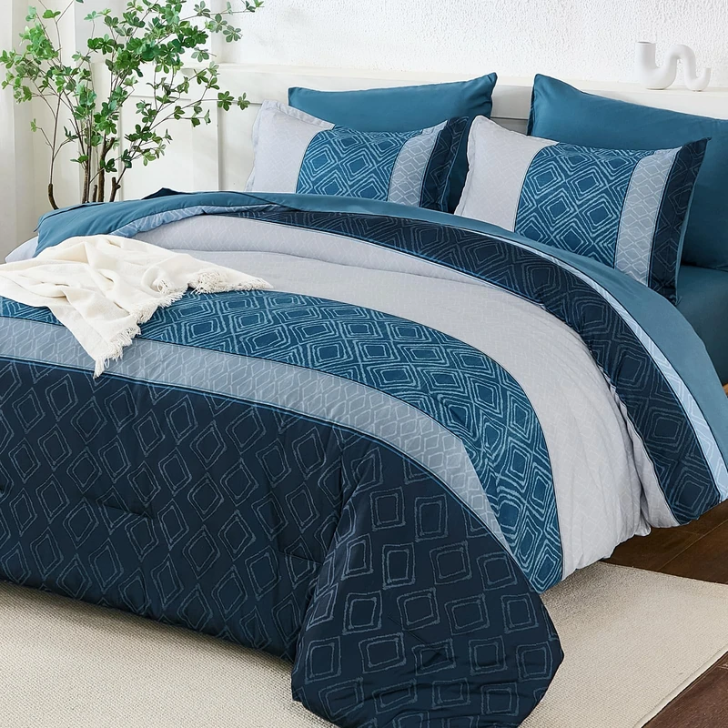 Dinjoy Navy Blue King Size Comforter Set,Striped Bed in a Bag King 7 Pieces Soft Microfiber Bedding Comforters Sets Boho Bed Complete Set for Summer All Season