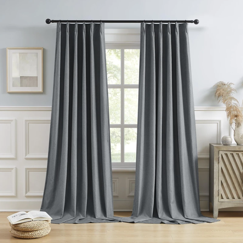 DUALIFE Gray Extra Long Pinch Pleated Blackout Curtains 150 Inch Length,Back Tab with Hooks Thermal Insulated Blackout Curtains 40W x 150L, Grey, 2 Panels