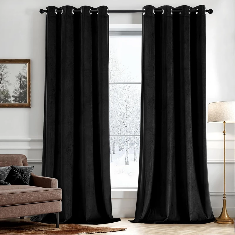 ANRODUO Black Velvet Curtains 108 Inches Long Blackout Thermal Insulated Soundproof Curtain Privacy Room Darkening Curtains Grommet Window Drapes for Bedroom Living Room Set of 2