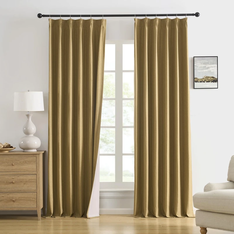 DUALIFE Gold Tan Pinch Pleated Blackout Curtains 63 Inches Long, Back Tab with Hooks, Linen Full Black Out Thermal Insulated Track Curtain for Bedroom Living Room,40 W x 63 L, 2 Panels