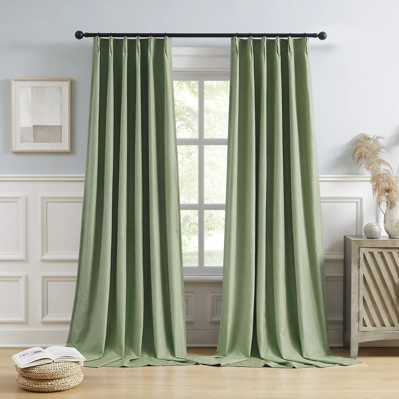 DUALIFE Sage Green Pinch Pleated Blackout Curtains 40 x 102 Inches Long, Back Tab Drapes for Living Room Bedroom Thermal Insulated Full Blackout Draperies with Hooks