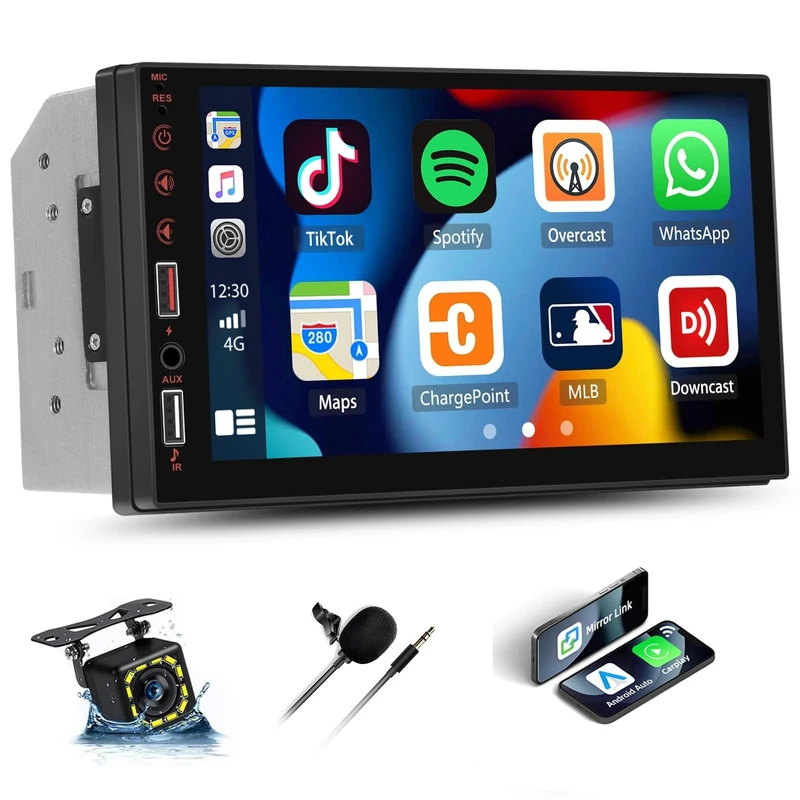 Zomolither Double Din Wireless Apple Carplay Android Auto Car Stereo 7 Inch IPS Touchscreen Radio with Bluetooth,Car MP5 Player,Mirror Link,FM/EQ,2 USB/AUX/TF,SWC,Waterproof HD Backup Camera＋Mic