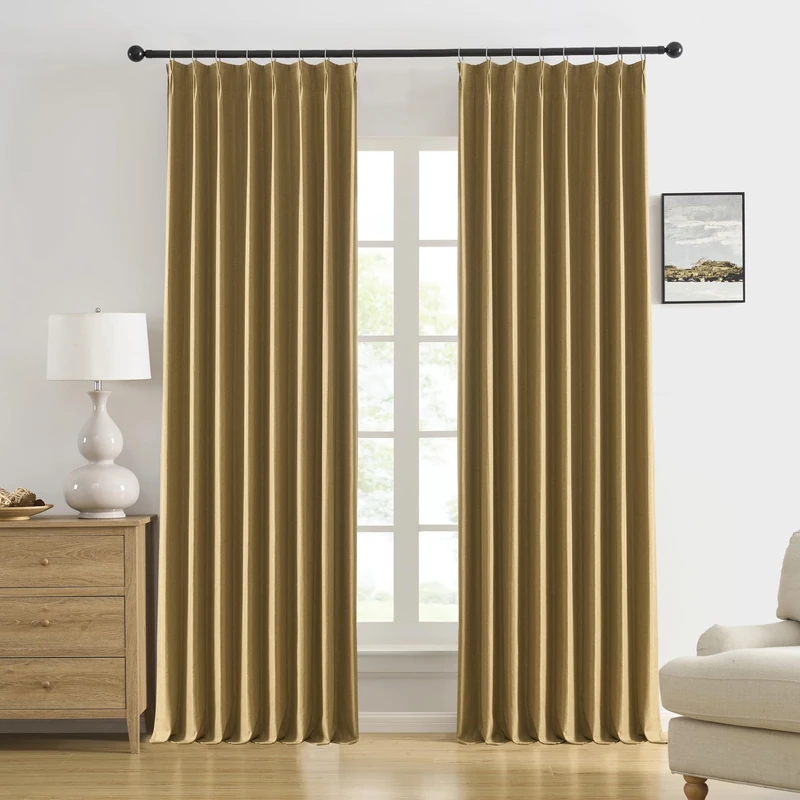 DUALIFE Gold Tan Pinch Pleated Blackout Curtains 92 Inches Long, Back Tab with Hooks, Linen Full Black Out Thermal Insulated Track Curtain for Bedroom Living Room,50 W x 92 L, 2 Panels