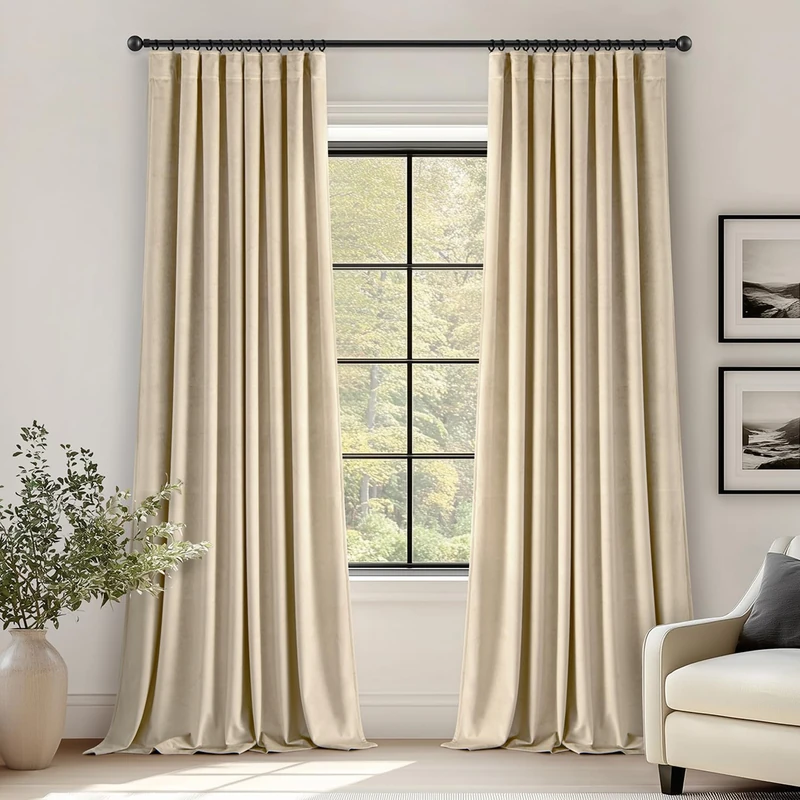 ANRODUO Beige Velvet Curtains 90 Inches Long Blackout Thermal Insulated Soundproof Curtain Privacy Room Darkening Curtains Pinch Pleat Window Drapes for Bedroom Living Room Set of 2