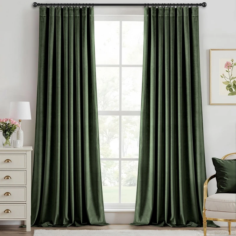 ANRODUO Olive Green Velvet Curtains 84 Inches Long Blackout Thermal Insulated Soundproof Curtain Privacy Room Darkening Curtains Pinch Pleat Window Drapes for Bedroom Living Room Set of 2