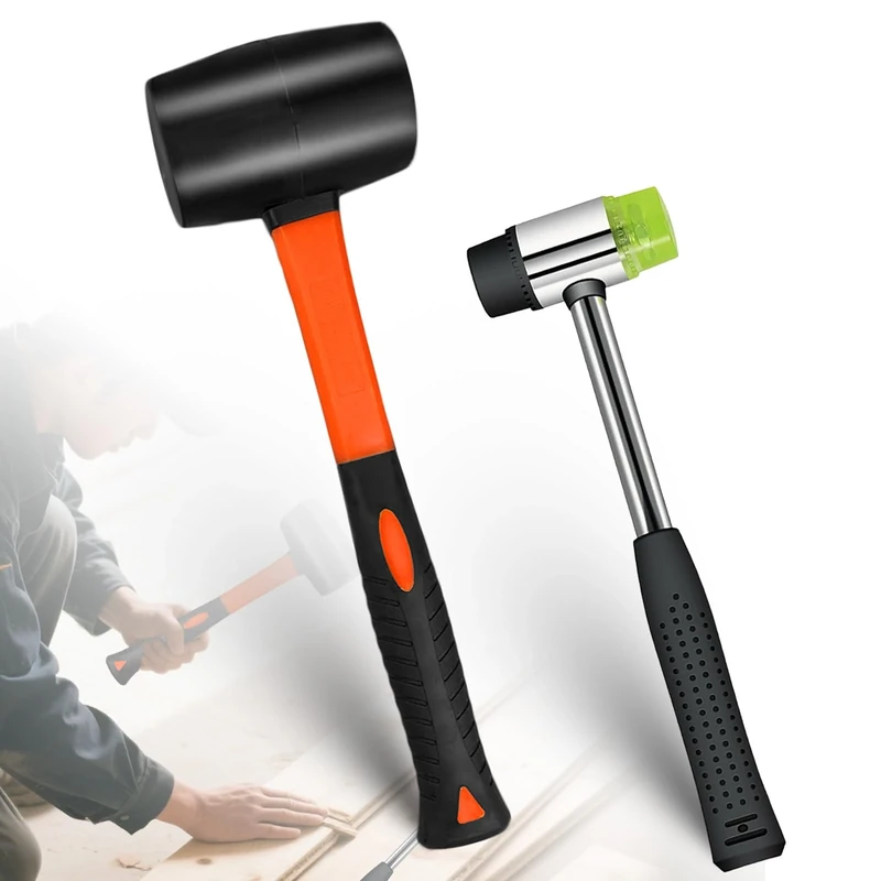 2Pcs Rubber Mallet Hammer Set, Heavy Duty Mallet 16oz Rubber Hammer, 40mm Double-Faced Soft Mallet Hand Tool for Flooring, Bricklaying, Woodworking, Slabs, Tiling