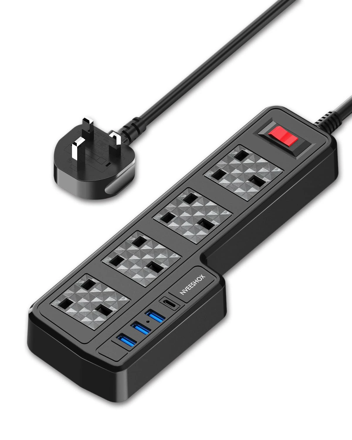 Extension Lead with USB Slots, 4 Way Surge Protected Extension Cable with 4 USB Ports and 1 USB C, Wall Mountable Multi Plug Power Strip with 2 M Extension Cord, 13A 3250W Extension Socket for Home