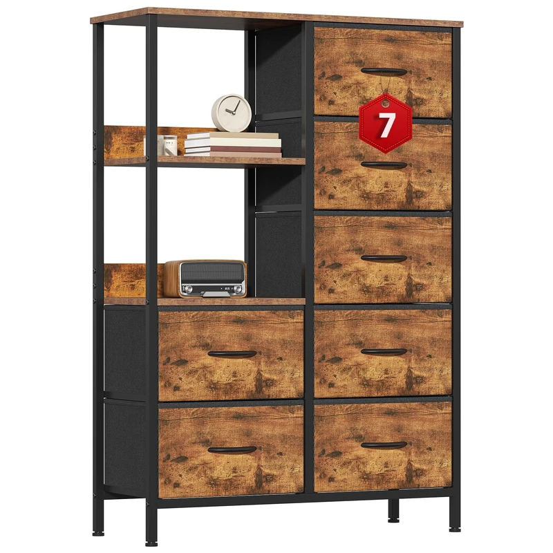 GoaHi Fabric Chest of Drawers Bedroom with 7 Drawers, Tall Storage Organizer Unit with 3 Layer Shelves,Storage Drawers with Fabric Bins, Storage Cabinet for Living Room & Closets(Rustic Brown)