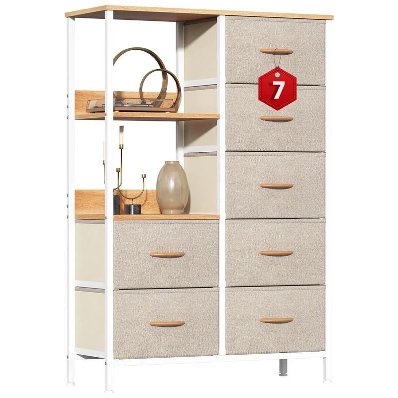 GoaHi Fabric Chest of Drawers Bedroom with 7 Drawers, Tall Storage Organizer Unit with 3 Layer Shelves,Storage Drawers with Fabric Bins, Storage Cabinet for Living Room & Closets(Beige)