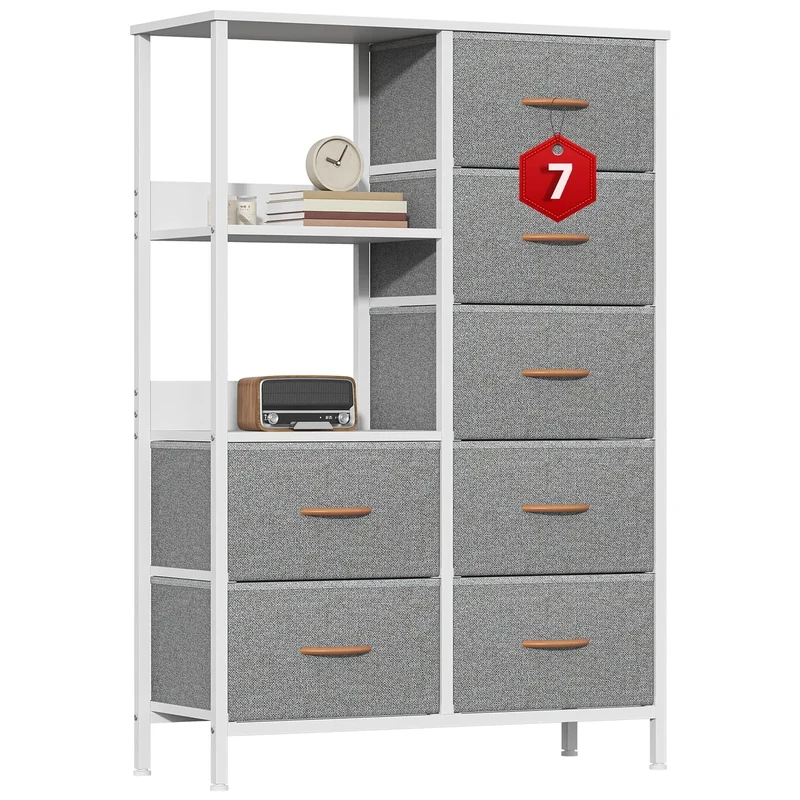 GoaHi Fabric Chest of Drawers Bedroom with 7 Drawers, Tall Storage Organizer Unit with 3 Layer Shelves,Storage Drawers with Fabric Bins, Storage Cabinet for Living Room & Closets(Light Grey)