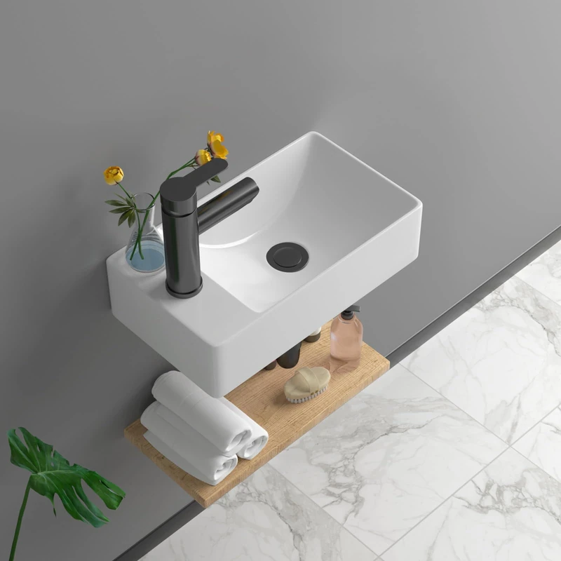 Lofeyo Small Bathroom Sink - 15"x9" Wall Mount Rectangular Ceramic Vessel Sink White Porcelain Floating Vanity Sink for Tiny Bathrooms with Faucet & Drain Combo (Left & Right Hand Bowl Options)