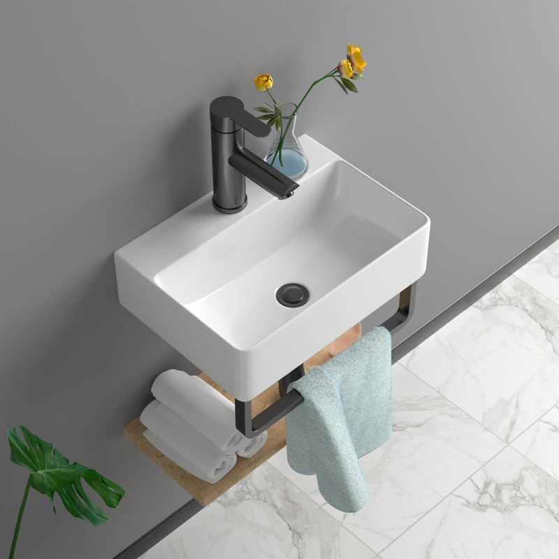 Lofeyo Floating Bathroom Sink Wall Mounted - 14"x10" Rectangular Vessel Sink with Black Faucet & Drain Combo Small Modern White Ceramic Porcelain Vessel Vanity Sinks