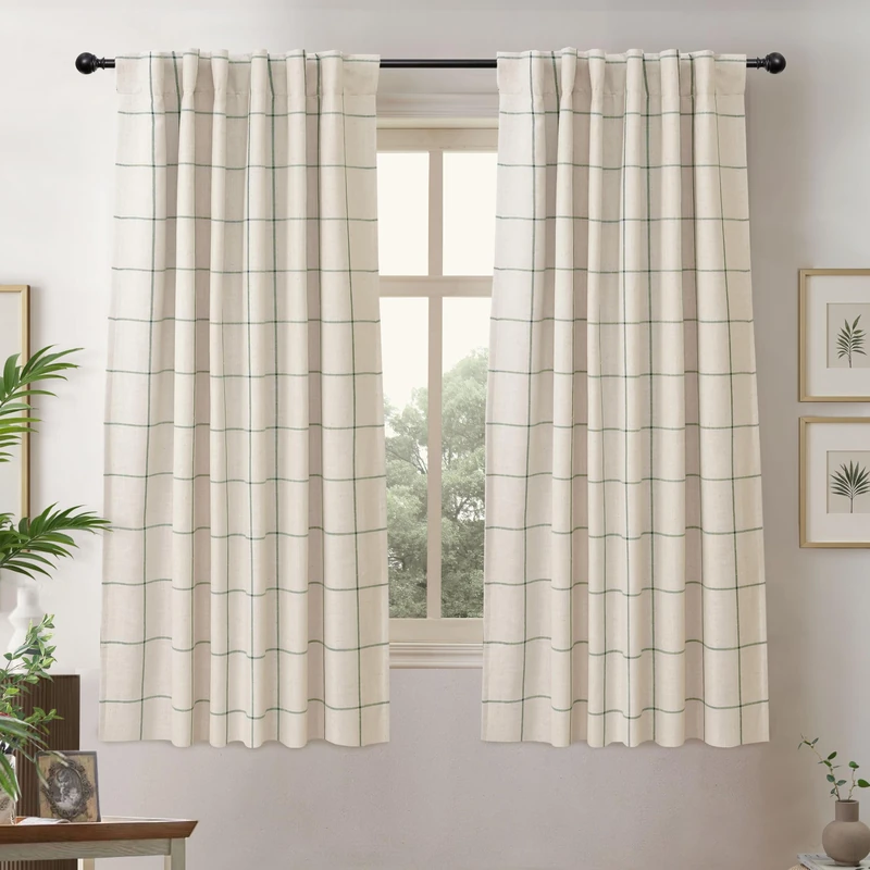 DriftAway 2 Panels 100% Blackout Windowpane Plaid Linen Curtains Double Layer Drapes for Bedroom 63 Inches Long Farmhouse Thermal Insulated 3.25 Inch Rod Pocket Back Tab for Living Room Loden Green