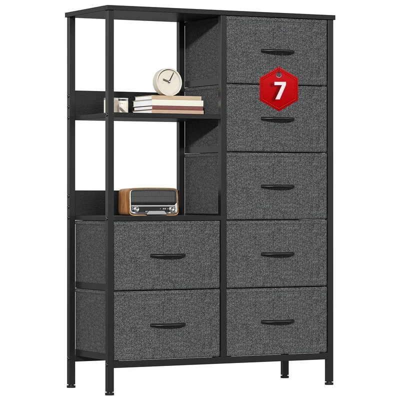 GoaHi Fabric Chest of Drawers Bedroom with 7 Drawers, Tall Storage Organizer Unit with 3 Layer Shelves,Storage Drawers with Fabric Bins, Storage Cabinet for Living Room & Closets(Deep Gray)