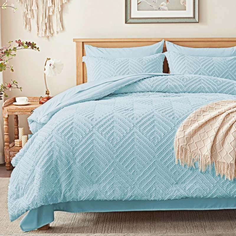 Queen Comforter Set 7 Piece, Light Blue Bed in a Bag Queen Bedding Sets