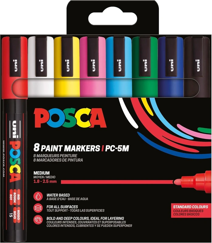 Posca 182558 - Set of 8 PC-5M Acrylic Pens - Permanent Marker with Round Tip 1.8-2.5 mm