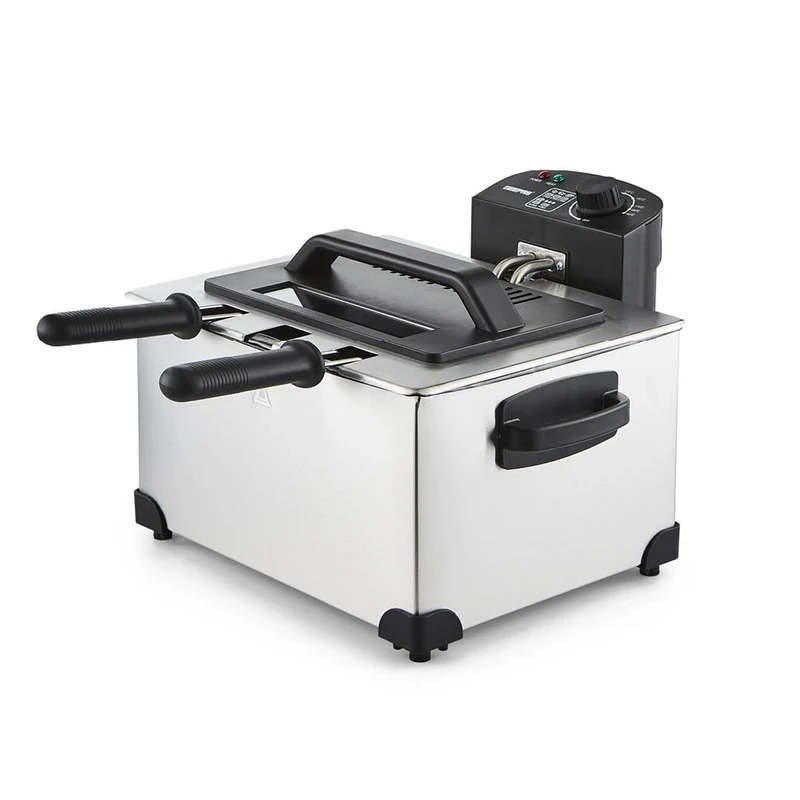 GEEPAS Deep Fat Fryer with Triple Baskets | Large 5L Electric Fryer with Viewing Window, Adjustable Temperature Control | 4L Large Basket & 2L Each 2 Small Baskets | Stainless Steel, Silver 2000W