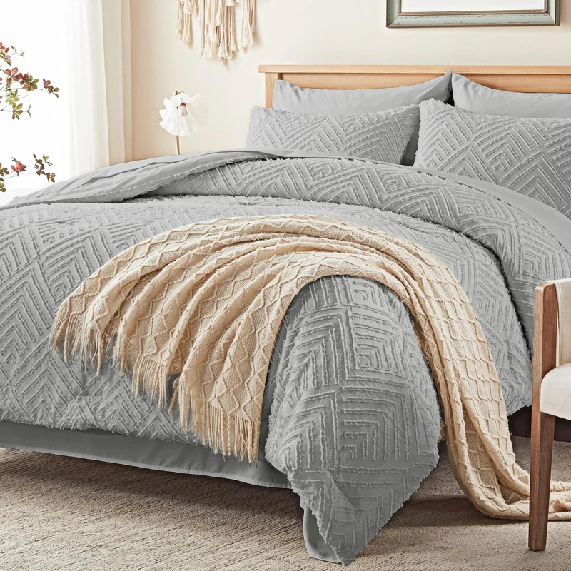 Zzlpp King Comforter Set 7 Pieces, Light Grey Tufted Bed in a Bag with Comforter and Sheets, All Season Boho Bedding Sets with Comforter, 2 Pillow Shams, 2 Pillowcases, 1 Flat Sheet, 1 Fitted Sheet