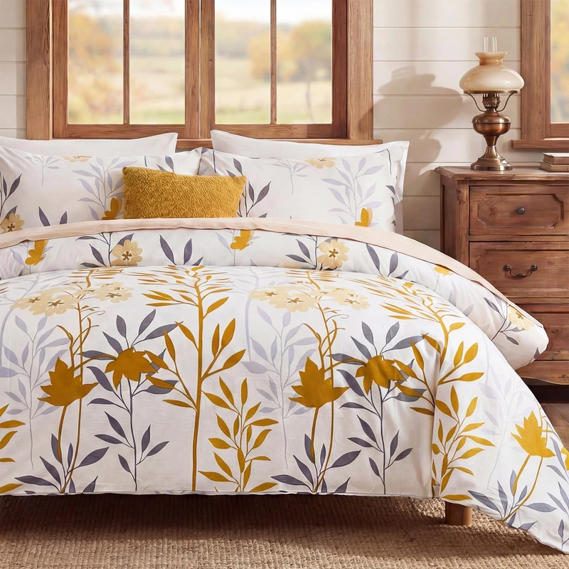 Cozaline 100% Cotton Duvet Cover Set Queen Size, Yellow Floral Bedding Set 3 Pcs Reversible Lightweight Comforter Cover for All Season(Queen, Yellow Botanical)