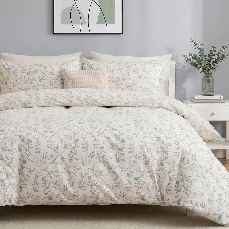 Cozaline 100% Cotton Floral Duvet Cover Set Queen Size Ultra Soft Breathable Blue Floral Grey Leaves Bedding Set for Women with Zipper Closure 3 Pcs Chic Reversible Duvet Cover for All Season