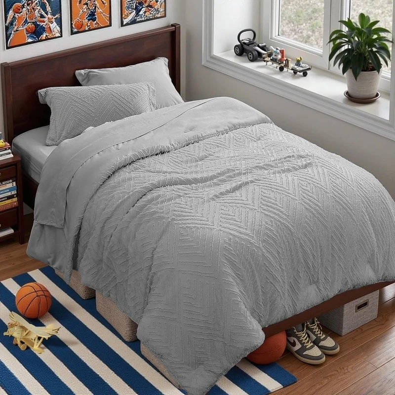 Twin Comforter Set 5 Piece, Light Grey Bed in a Bag Twin Size Bedding Sets