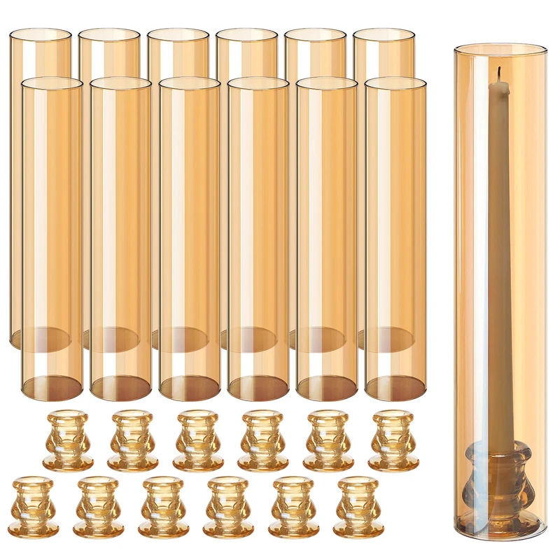 Teenyyou 12 Set Amber Glass Hurricane Candle Holders 12.6 Open Ended Glass Candleholder Tube Shape Bottomless and 2.2 Taper Clear Candlestick Holders for Wedding Table Centerpiece