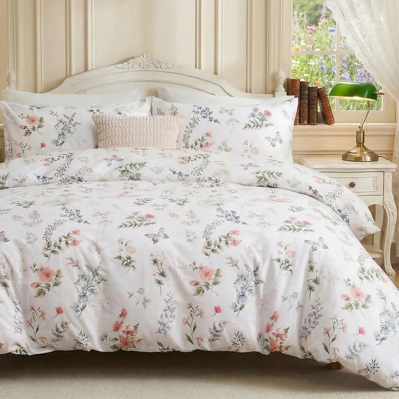 Cozaline Floral King Duvet Cover, 100% Cotton 3 Pieces Floral Bedding Sets with Zipper Closure Vintage Style Garden Comforter Cover, Soft Breathable, Lightweight