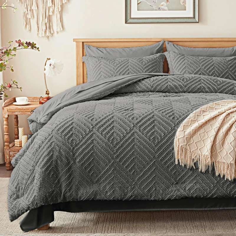 Zzlpp King Comforter Set 7 Pieces, Dark Grey Tufted Bed in a Bag with Comforter and Sheets, All Season Boho Bedding Sets with Comforter, 2 Pillow Shams, 2 Pillowcases, 1 Flat Sheet, 1 Fitted Sheet