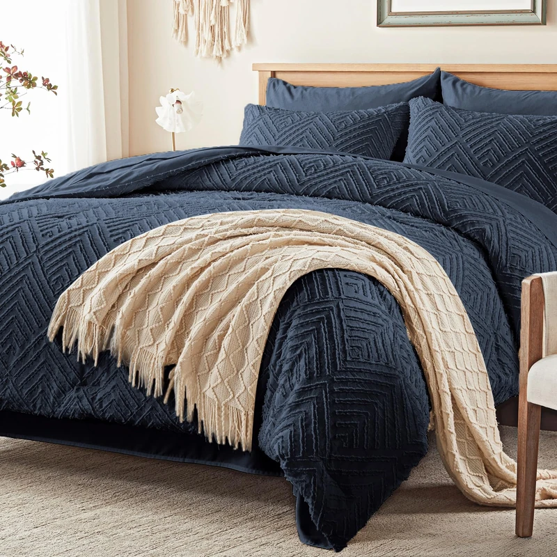Queen Comforter Set 7 Piece, Navy Blue Bed in a Bag Queen Bedding Sets
