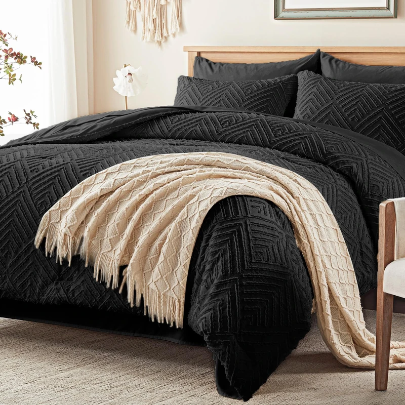 Zzlpp Queen Comforter Set 7 Pieces, Black Tufted Bed in a Bag with Comforter and Sheets,All Season Boho Bedding Sets with Comforter, 2 Pillow Shams, 2 Pillowcases, 1 Flat Sheet, 1 Fitted Sheet
