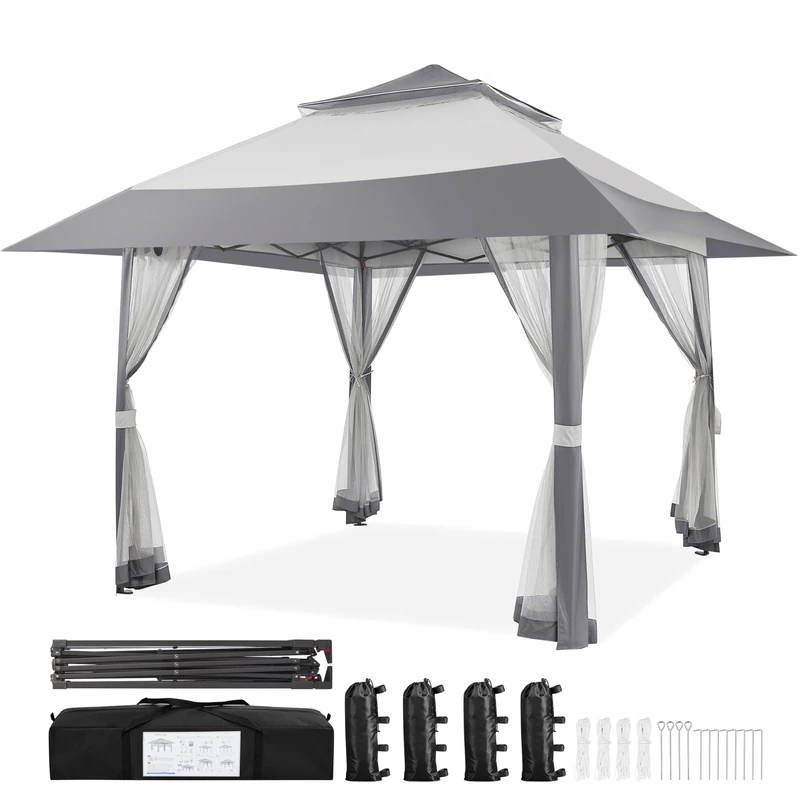 Yaheetech Pop Up Gazebo w/Sides, 4x4m Outdoor Instant Patio Canopy Shelter w/Mesh Netting, Waterproof Garden Gazebo w/Sandbags for Patio, Backyard, Wedding, Party, Double Top, Light Grey & Dark Grey