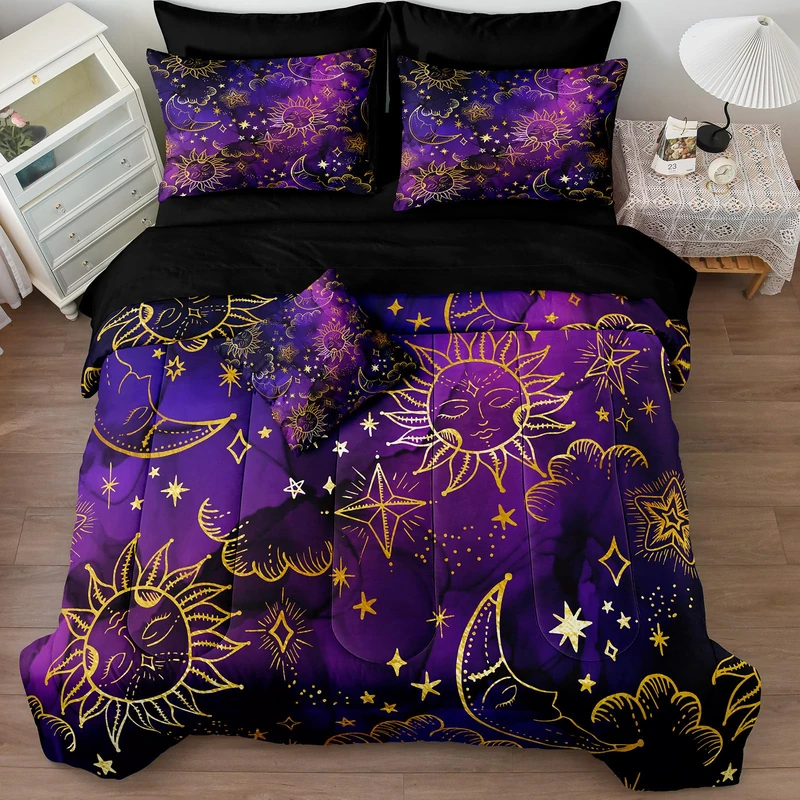 Merryword 8 Pieces Universe Bed in a Bag Sun and Moon Comforter Set Queen Size Galaxy Bedding Purple Gold Moon Star Pattern Bohemian Gothic Comforter Set for Boys Girls Women
