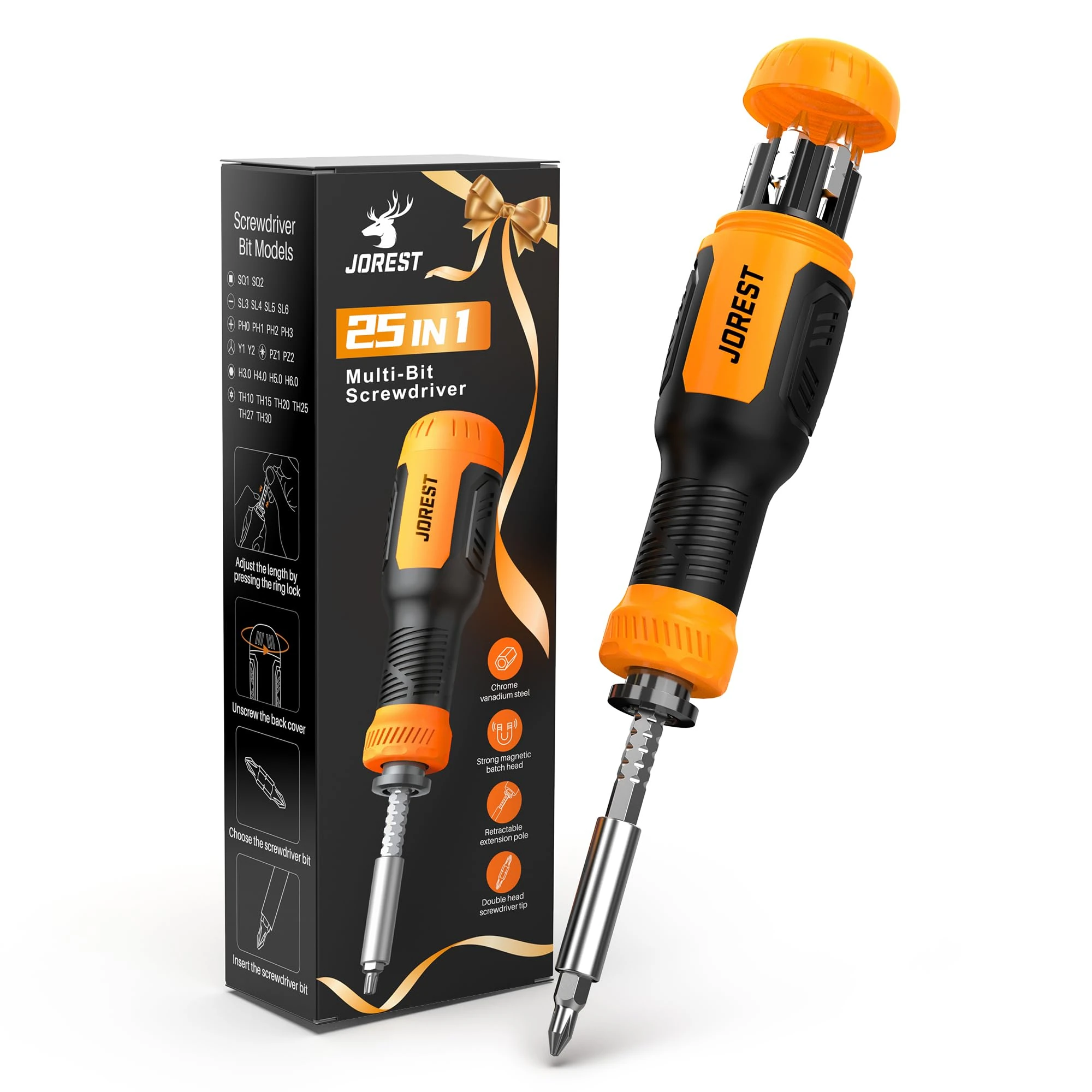 JOREST 25 in 1 Multi Bit Screwdriver Set All in One, Magnetic Screw Driver with Torx Philips Hex Slotted Square, Birthday Tool Gifts for Men Dad Him, Pocket Repair Hand Tool for Gameboy, Bike